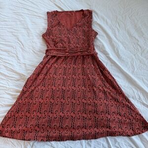 Toad & Co XL Coral Leaf Print Sleeveless V Neck Tie Waist Dress Organic